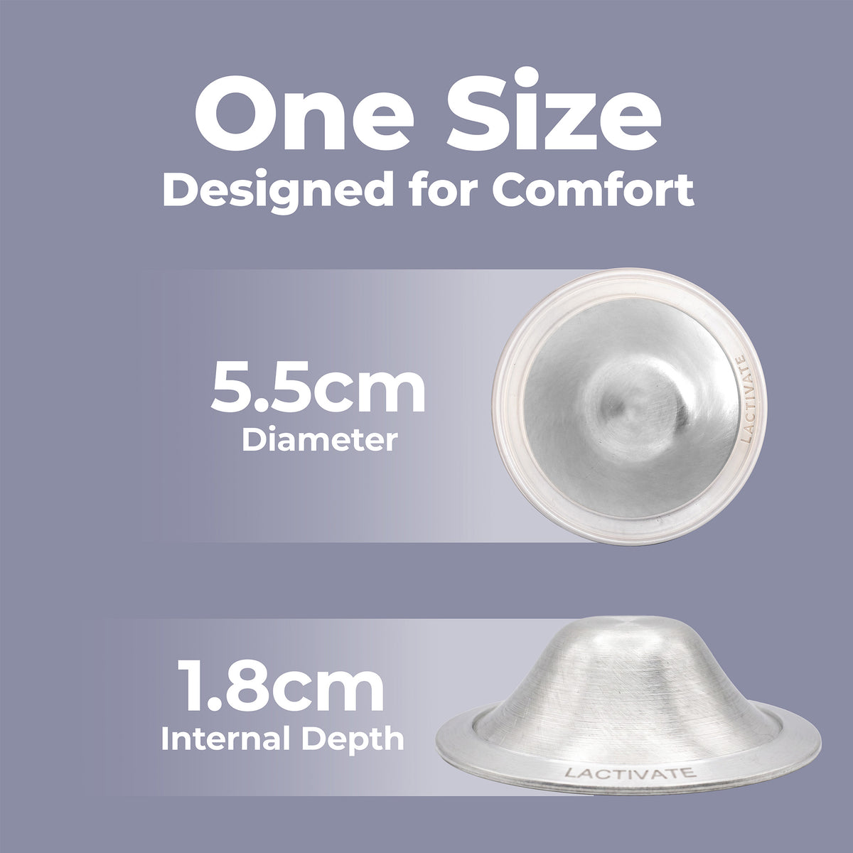 A product infographic for a lactation cup showing a silver metallic cup from two angles with text overlays. The top text reads 'One Size Designed for Comfort', the middle shows '5.