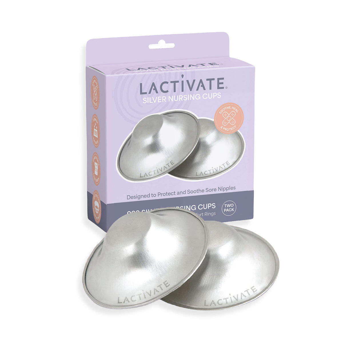Lactivate Silver Nursing Cups shown in front of their lavender retail packaging box on a clean white background.